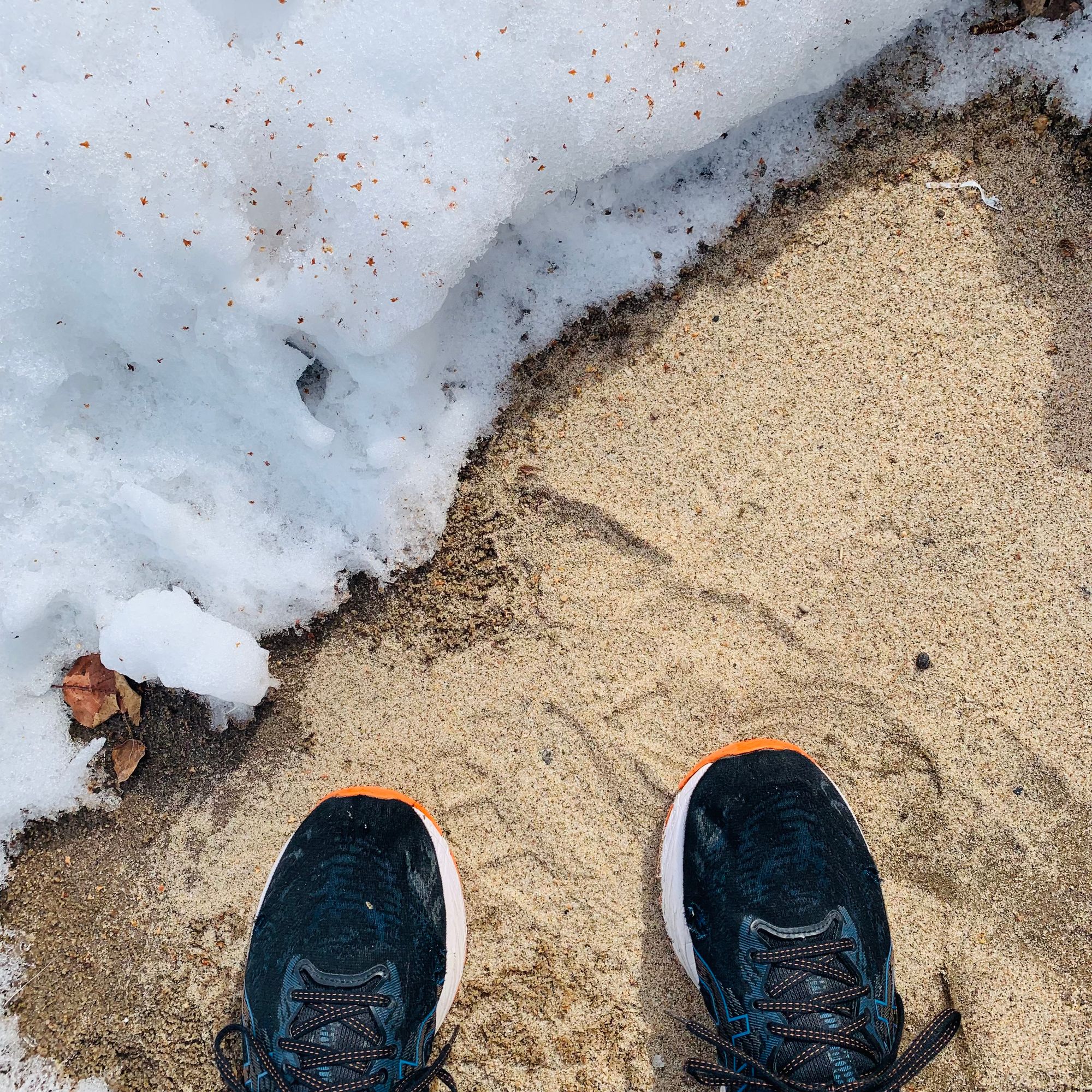 Spring is coming. Me, standing on sand at the edge of a frozen lake.